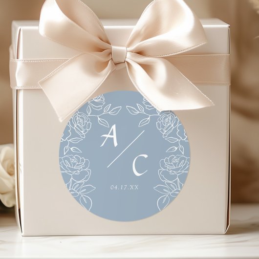 Sticker Rond Elegant Dusty Blue French Roses Wedding