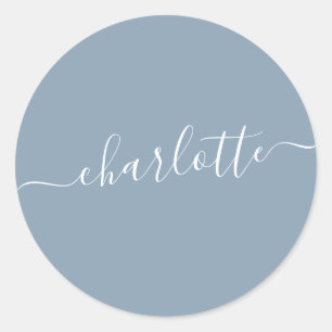 Sticker Rond Elégant Dusty Blue Script Nom personnalisé