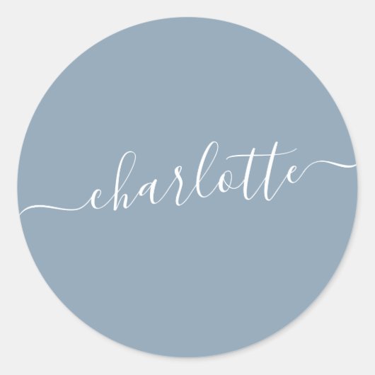 Sticker Rond Elégant Dusty Blue Script Nom personnalisé (Devant)