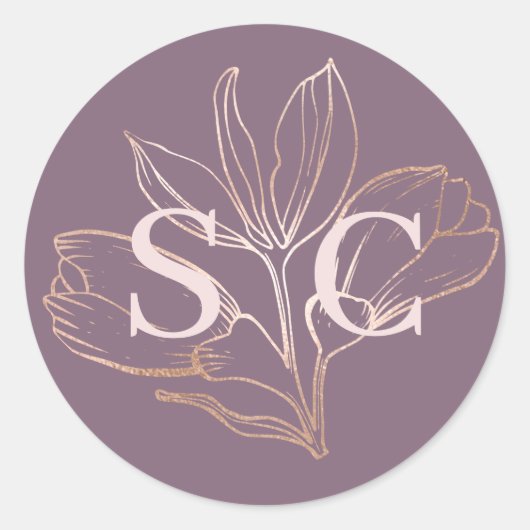 Sticker Rond Elegant Dusty Rose Botancial Monogram Wedding (Devant)