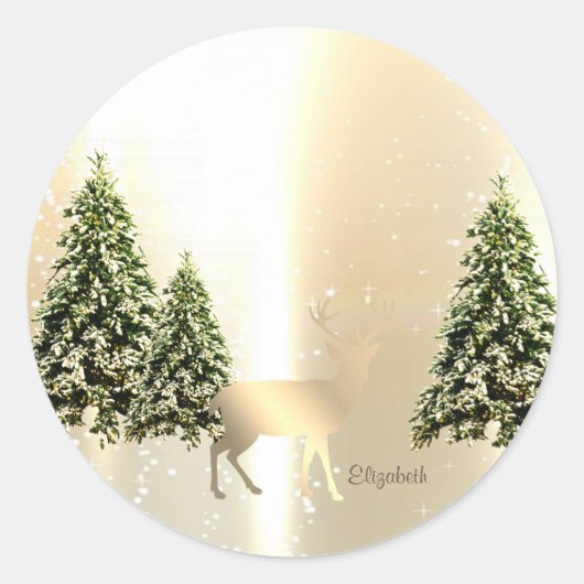 Sticker Rond Élégant, Élégant Pin Trees, Reindeer de Noël (Devant)