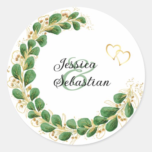 Sticker Rond Élégant Emerald Green & Gold Eucalyptus Mariage (Devant)