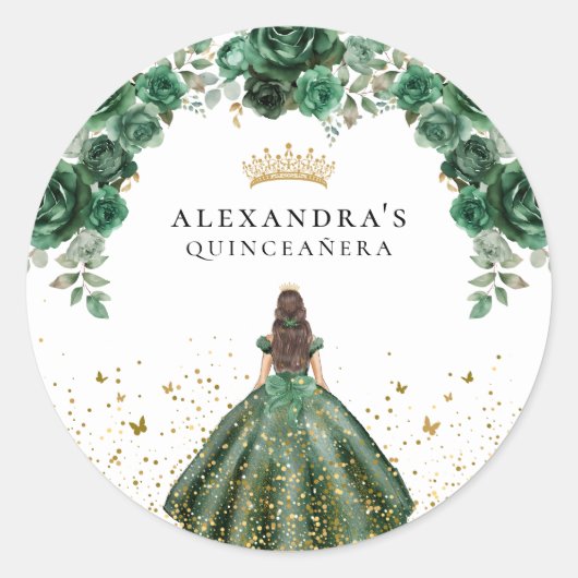 Sticker Rond Élégant Emerald Quinceañera Floral Faux Foil (Devant)