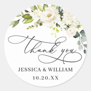 Sticker Rond Elégant Eucalyptus blanc Roses Mariage Merci