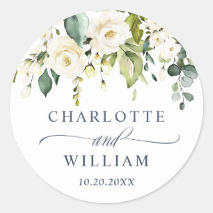 Sticker Rond Elégant Eucalyptus blanc Roses Mariage Merci
