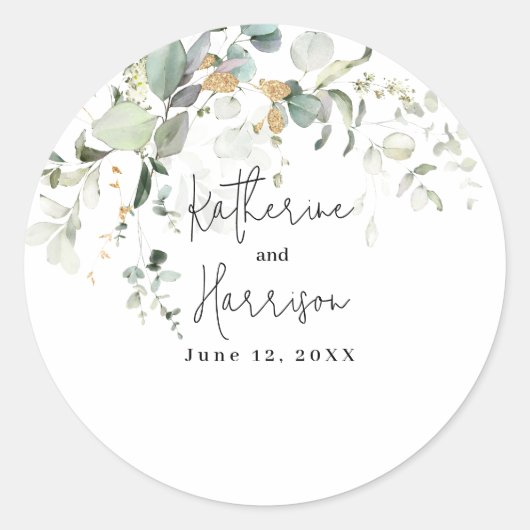 Sticker Rond Elégant Eucalyptus et Gold Greenery Clas Mariage (Devant)