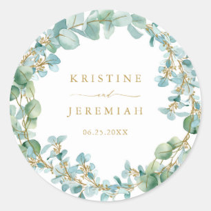 Sticker Rond Elégant Eucalyptus Verdure Wreath Gold Mariage