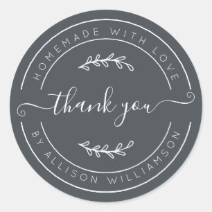 Sticker Rond Élégant Fait Maison Avec Amour Noir Dégradé Merci