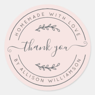 Sticker Rond Élégant Fait Maison Avec Amour Rose Pâle Merci