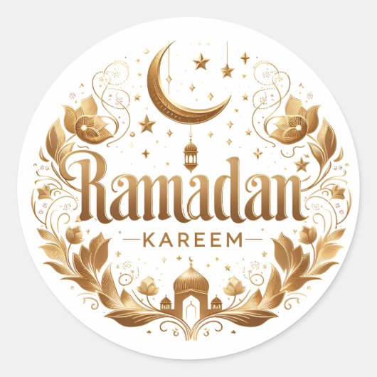 Sticker Rond Elégant Faux Gold Ramadan Kareem Moubarak (Devant)