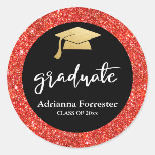 Sticker Rond Élégant Faux Red Parties scintillant Graduation Ca