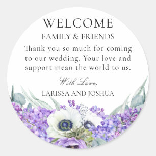 Sticker Rond Élégant Faveur de Mariage Florale Violette Merci C