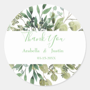Sticker Rond Elégant Feuille Mariage Merci Aquarelle verte