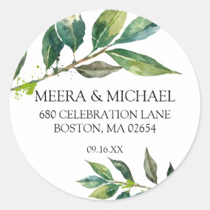 Sticker Rond Élégant Feuilles aquarelle Mariage d'adresse de re