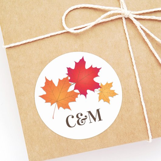 Sticker Rond Élégant Feuilles d'automne Mariage Monogramme