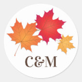Sticker Rond Élégant Feuilles d'automne Mariage Monogramme (Devant)