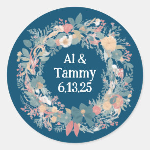 Sticker Rond Elégant Fleur sauvage bleu Mariage Floral Wreath