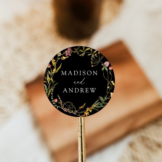 Sticker Rond Élégant Fleur sauvage d'été Wreath Mariage noir