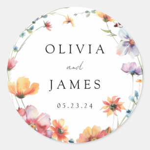 Sticker Rond Élégant Fleur sauvage Wreath Mariage d'été