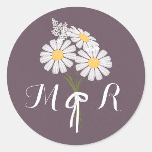 Sticker Rond Élégant floral blanc marguerites Monogram Mariage