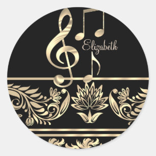 Sticker Rond Élégant floral doré, clé de violon, note