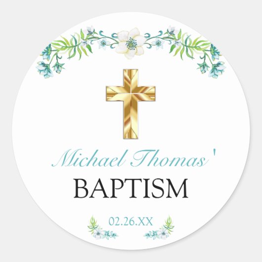 Sticker Rond Elégant Floral Gold Cross Boy Baptism (Devant)