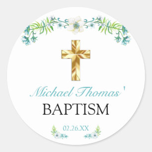 Sticker Rond Elégant Floral Gold Cross Boy Baptism