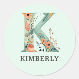 Sticker Rond Élégant Floral Nature Letter K Nom personnalisé