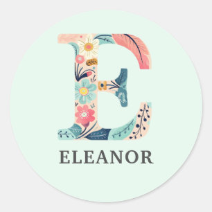 Sticker Rond Élégant Floral Nature Lettre E Nom personnalisé