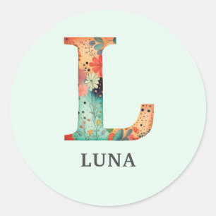 Sticker Rond Élégant Floral Nature Lettre L Nom personnalisé