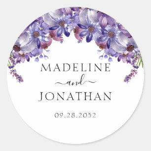 Sticker Rond Élégant Floral Purple Lavender Peonies Mariage