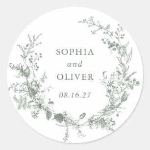 Sticker Rond Élégant Floral Vintage Botanique Mariage vert