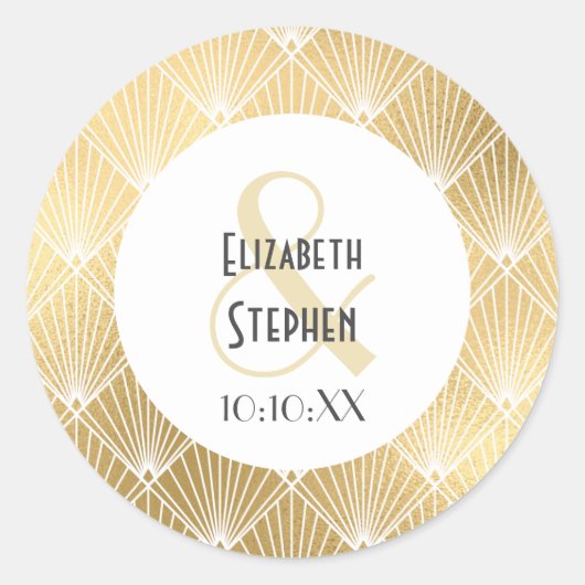 Sticker Rond Elégant Gatsby Art Déco Clas Mariage Blanc & Or (Devant)