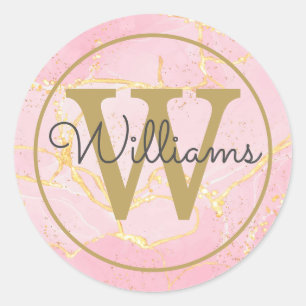 Sticker Rond Élégant Géode Rose Agate Gold Monogramme Script