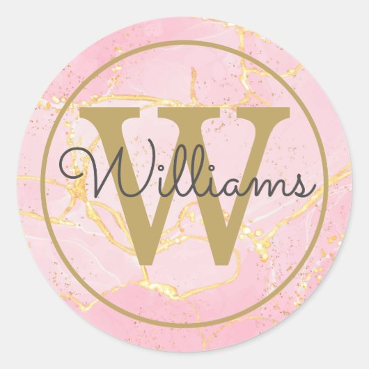 Sticker Rond Élégant Géode Rose Agate Gold Monogramme Script (Devant)