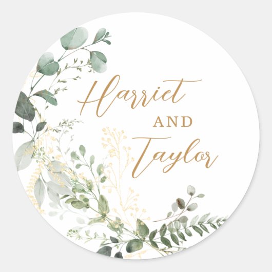 Sticker Rond Elegant Gold and Greenery Eucalyptus Wedding (Devant)