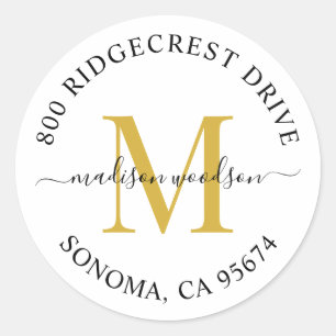 Sticker Rond Elegant Gold Black Script Monogramme Adresse de re