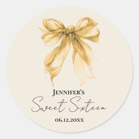 Sticker Rond Elegant Gold Bow Coquette Script Sweet 16 Party (Devant)