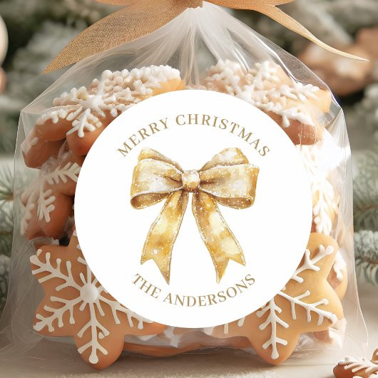 Sticker Rond Elegant Gold Bow Personalized Christmas