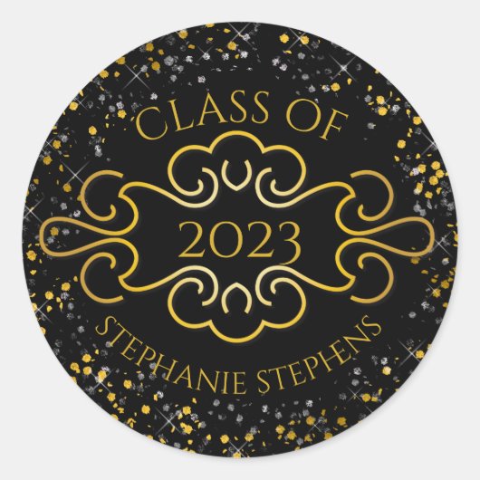 Sticker Rond Elégant Gold Confetti Flourish Class of 2023 Nom (Devant)