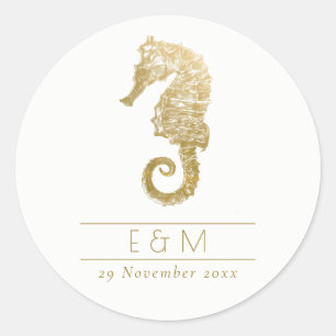 STICKER ROND ELEGANT GOLD FOIL NAVY SEAHORSE MONOGRAM