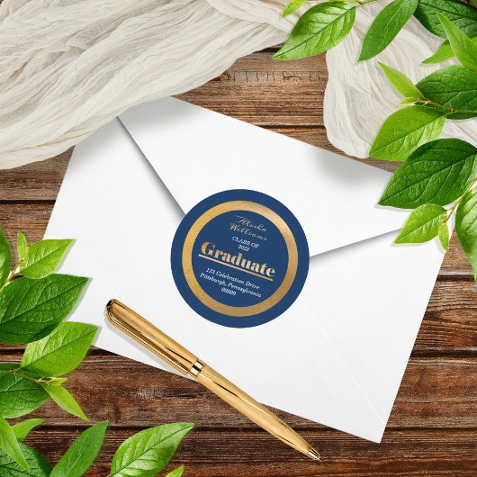 Sticker Rond Elegant Gold Graduate Dark Blue Adresse de retour
