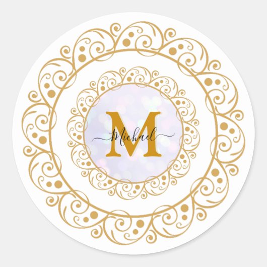 Sticker Rond Elegant Gold Parties scintillant Initial & Nom (Devant)