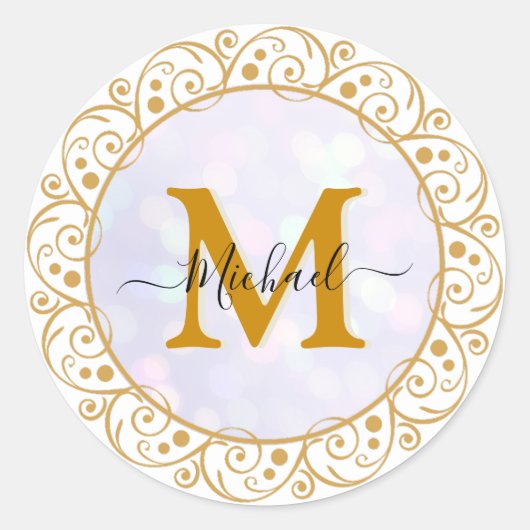 Sticker Rond Elegant Gold Parties scintillant Initial & Nom (Devant)