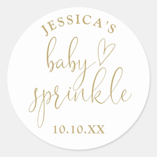 Sticker Rond Élégant Gold Script Baby Sprinkle Douche Favoriser (Devant)