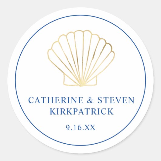 Sticker Rond Elégant Gold Seashell Beach Bleu Blanc Mariage (Devant)