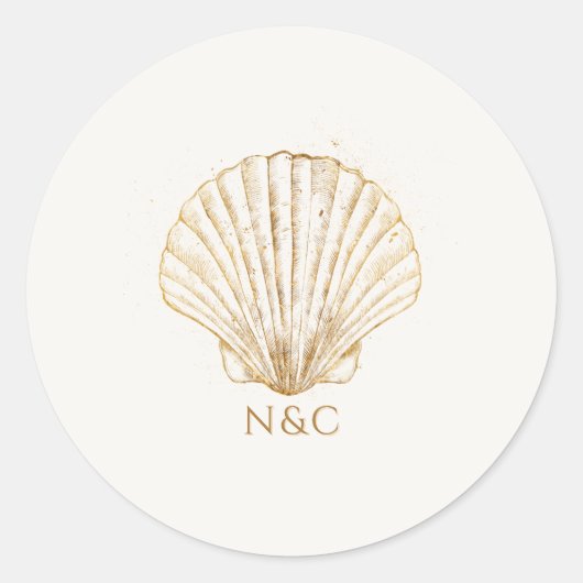 Sticker Rond Elegant Gold Seashell Names Initials Wedding (Devant)
