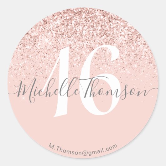 Sticker Rond Elegant Golden Glitter Monogram Sweet Pink 16 (Devant)