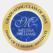 Sticker Rond Élégant Graduation Monogramme Bleu Marbre Or Huile (Devant)