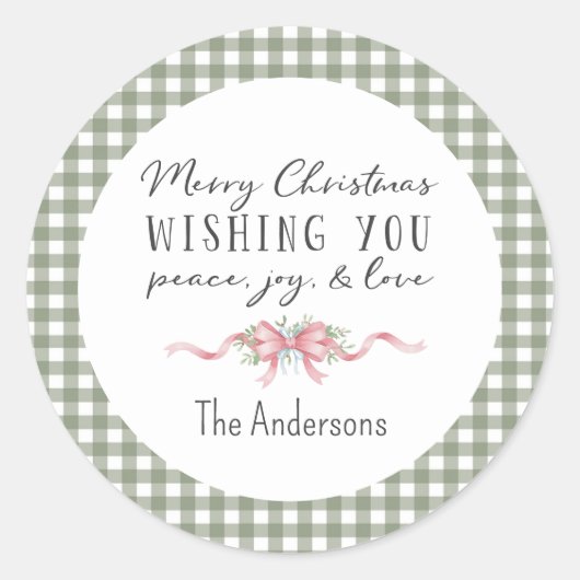 Sticker Rond Elegant Green Gingham Plaid Preppy Christmas (Devant)